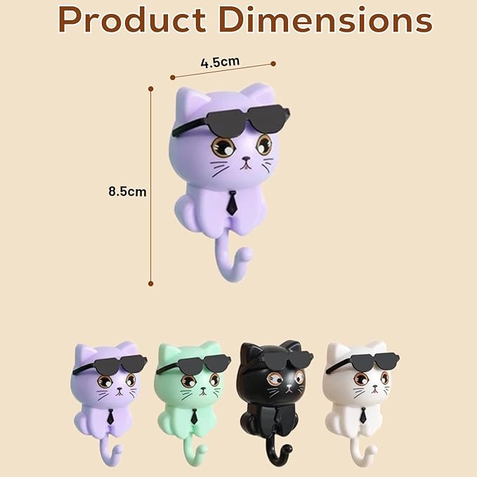 Cat Hook for Wall, Cute Cat Key Hook with Sunglasses